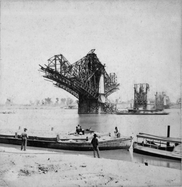 Early phase of construction of the Eads Bridge